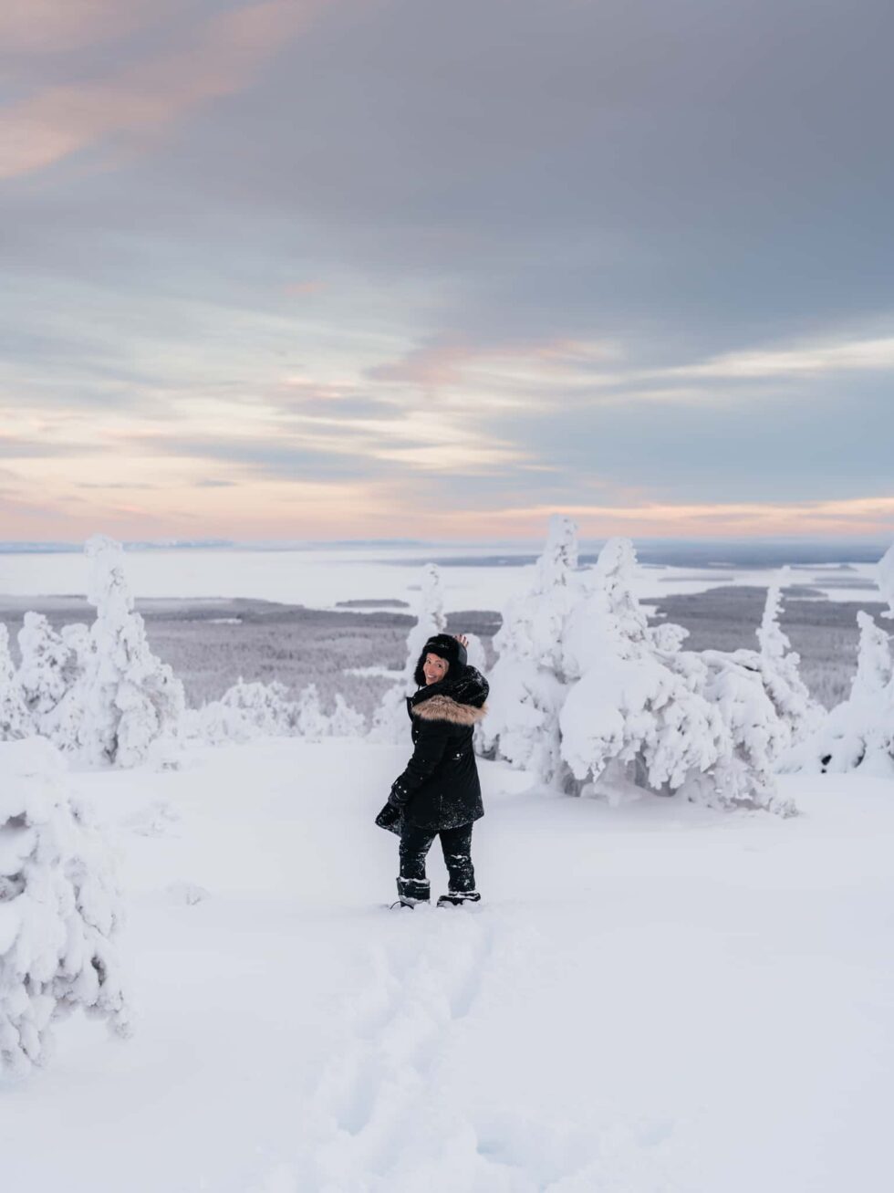 Family standing in deep snow on a snowy fell in Lapland, Finland, surrounded by snow-covered trees and a soft pastel winter sky.